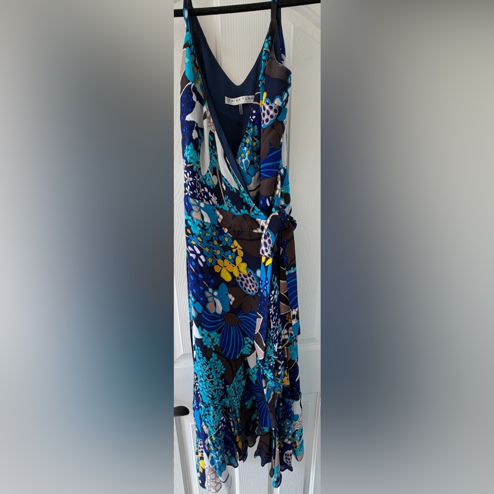 Trina Turk Blue and Brown Floral Wrap Dress
